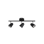 Czarna lampa sufitowa Toulouse LED z trzema punktami świetlnymi. Ułożona poziomo na metalowej listwie, z kloszami w kształcie stożka, montowana do sufitu. Prosta forma i minimalistyczny design.