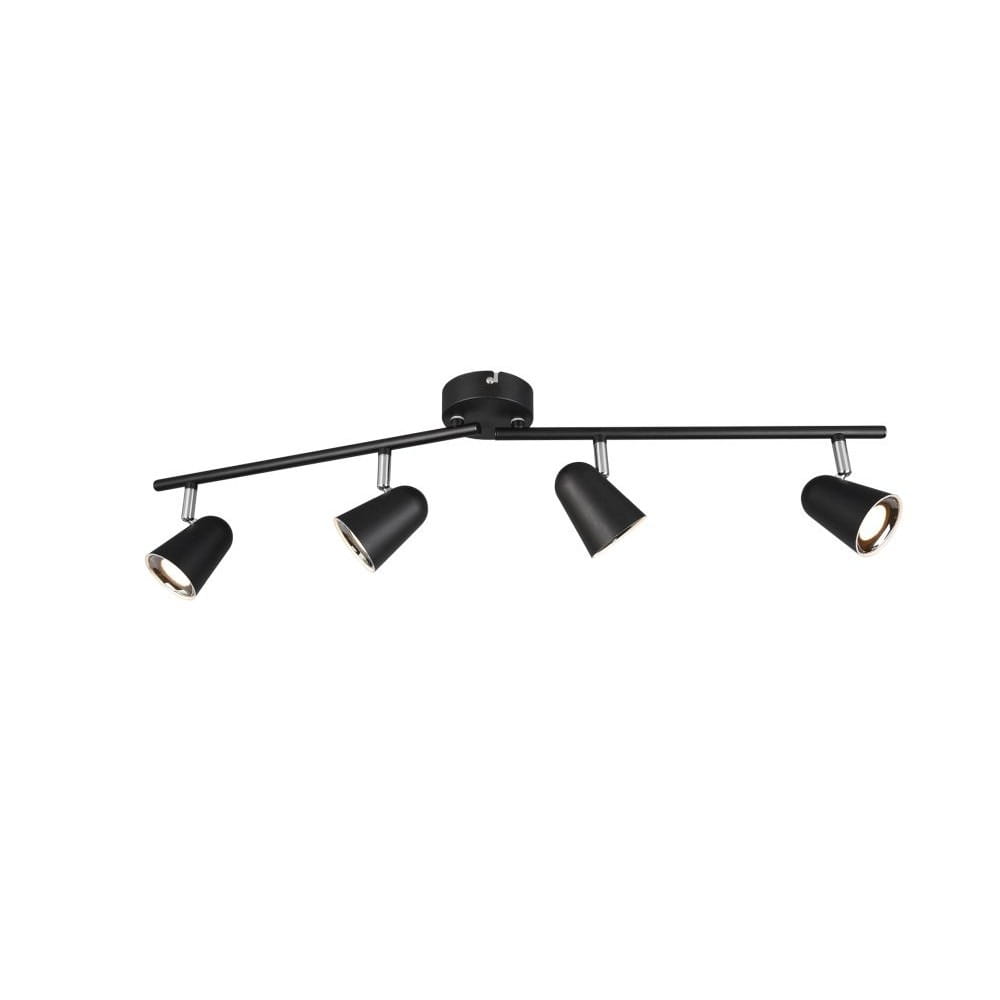 Czarna lampa sufitowa LED Toulouse z czterema punktami świetlnymi. Metalowa konstrukcja z okrągłym mocowaniem, reflektory w kształcie stożków z wewnętrzną złotą powłoką, zamontowana na poziomie. Idealna do nowoczesnych wnętrz.