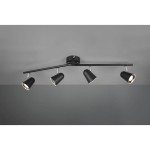 Czarna lampa sufitowa LED Toulouse z czterema punktami świetlnymi, montowana na suficie. Ułożona w linii poziomej, z cylindrycznymi kloszami, które skierowane są w różnych kierunkach. Metalowa konstrukcja z elementami chromowanymi. Tło szare.
