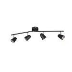 Czarna lampa sufitowa Toulouse LED z czterema punktami świetlnymi, zamontowana na prostokątnej podstawie. Reflektory w kształcie stożków z metalicznymi wykończeniami, ustawione na ruchomej belce. Wysoka funkcjonalność oświetleniowa.