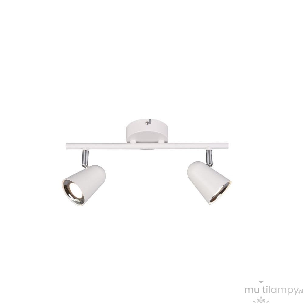 Biała lampa sufitowa Toulouse LED z dwiema ruchomymi oprawami typu spot. Ułożona poziomo na prostokątnej podstawie, z metalowymi elementami wykończeniowymi. Idealna do oświetlenia wnętrz.