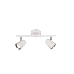 Biała lampa sufitowa Toulouse LED z dwiema ruchomymi oprawami typu spot. Ułożona poziomo na prostokątnej podstawie, z metalowymi elementami wykończeniowymi. Idealna do oświetlenia wnętrz.