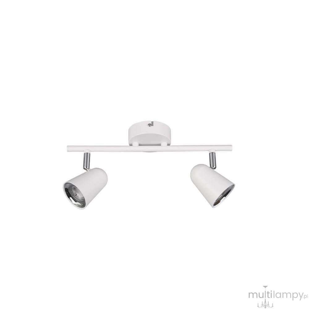 Biała lampa sufitowa Toulouse LED z dwoma punktami świetlnymi, zamontowana na prostokątnej podstawie. Klosze w kształcie stożków z metalicznymi wykończeniami, ustawione na regulowanych ramionach. Prosta forma, idealna do nowoczesnych wnętrz.