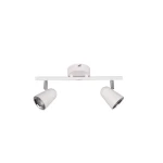 Biała lampa sufitowa Toulouse LED z dwoma punktami świetlnymi, zamontowana na prostokątnej podstawie. Klosze w kształcie stożków z metalicznymi wykończeniami, ustawione na regulowanych ramionach. Prosta forma, idealna do nowoczesnych wnętrz.