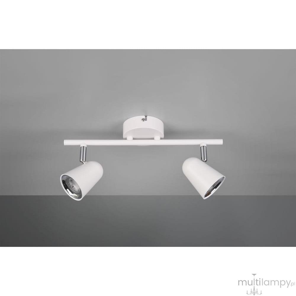 Biała lampa sufitowa Toulouse z dwoma punktami świetlnymi, zamontowana na prostokątnej podstawie. Reflektory mają cylindryczny kształt, z metalowymi elementami wykończeniowymi. Lampa umieszczona na szarym tle, w pozycji poziomej.