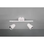 Biała lampa sufitowa Toulouse z dwoma punktami świetlnymi, zamontowana na prostokątnej podstawie. Reflektory mają cylindryczny kształt, z metalowymi elementami wykończeniowymi. Lampa umieszczona na szarym tle, w pozycji poziomej.
