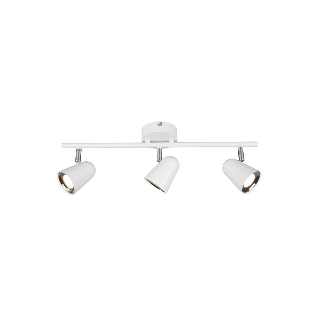 Biała lampa sufitowa Toulouse z trzema punktami świetlnymi, zamontowana na prostokątnej podstawie. Reflektory mają cylindryczny kształt z metalicznymi detalami. Ujęcie frontalne, produkt wiszący.
