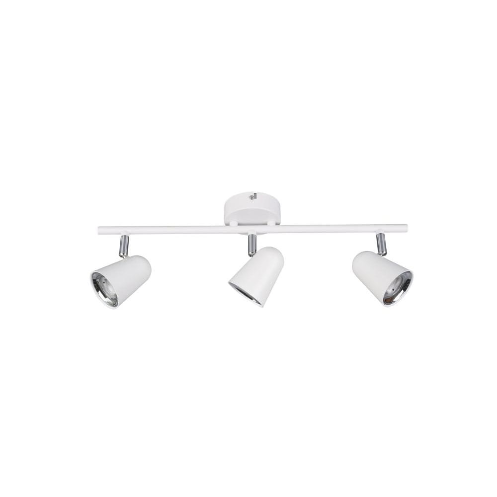 Biała lampa sufitowa Toulouse LED z trzema punktami świetlnymi, zamontowana na prostokątnej podstawie. Reflektory w kształcie stożków, z chromowanymi detalami, skierowane w różnych kierunkach. Prosta, nowoczesna forma.