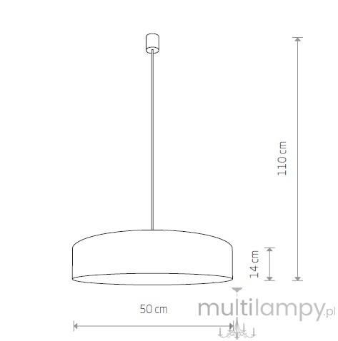 Lampa wisząca Turda D50 w kolorze białym i szarym, z okrągłym kloszem o średnicy 50 cm i wysokości 14 cm, zawieszona na cienkim, białym przewodzie o długości 110 cm.