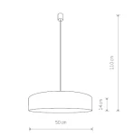 Lampa wisząca Turda D50 w kolorze białym i szarym, z okrągłym kloszem o średnicy 50 cm i wysokości 14 cm, zawieszona na cienkim, białym przewodzie o długości 110 cm.