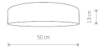 Plafon Turda D50 w kolorze białym, okrągły, o średnicy 50 cm i wysokości 13 cm. Prosty design, idealny do oświetlenia wnętrz. Widok frontalny, z wyraźnie zaznaczonymi wymiarami.