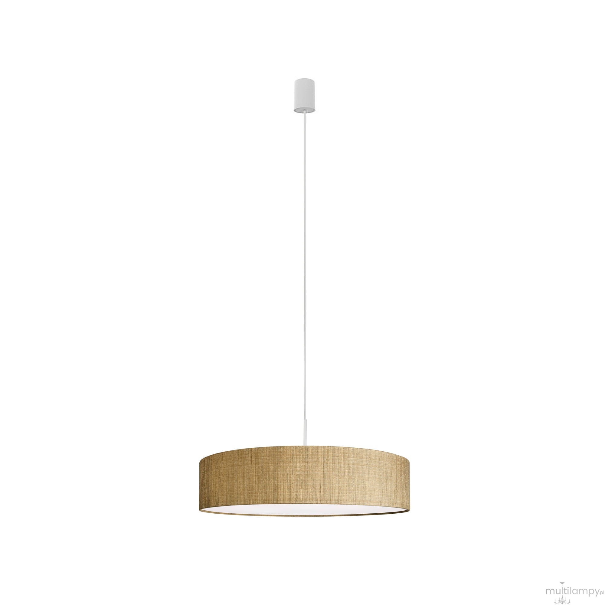 Lampa wisząca Turda D65 w kolorze białym i złotym, z okrągłym kloszem pokrytym teksturą, zawieszona na cienkim białym przewodzie. Produkt ma minimalistyczny design, idealny do nowoczesnych wnętrz.