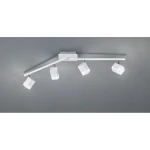 Biała lampa sufitowa LED Roubaix z czterema punktami świetlnymi, zamontowana na prostokątnej podstawie. Kąt ujęcia frontalny, widoczne prostokątne klosze w matowym wykończeniu, skierowane w różnych kierunkach.