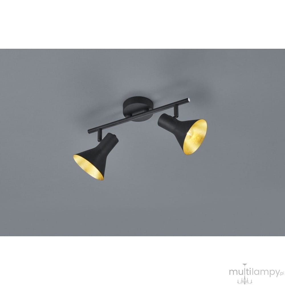Czarna lampa sufitowa 2-punktowa Nina z metalowymi kloszami w kształcie dzwonu, z wewnętrzną złotą powłoką, zamontowana na okrągłej podstawie. Klosze są skierowane w różne strony, zapewniając kierunkowe oświetlenie.