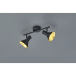 Czarna lampa sufitowa 2-punktowa Nina z metalowymi kloszami w kształcie dzwonu, z wewnętrzną złotą powłoką, zamontowana na okrągłej podstawie. Klosze są skierowane w różne strony, zapewniając kierunkowe oświetlenie.