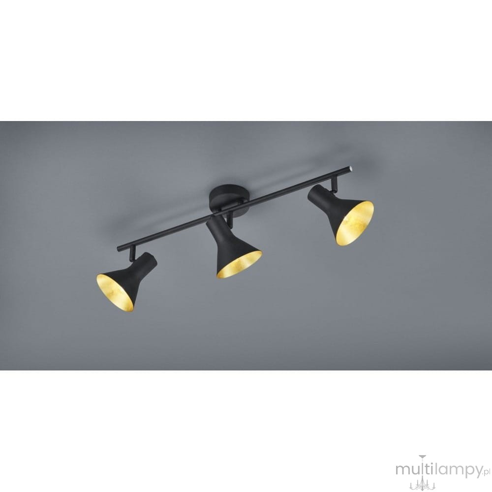Czarna lampa sufitowa 3-punktowa Nina, z metalowymi kloszami w kształcie dzwonów, zawieszona na prostym stelażu. Każdy klosz ma złotą wewnętrzną stronę, co tworzy kontrast. Lampa jest zamontowana na szarym tle, widoczna z góry.
