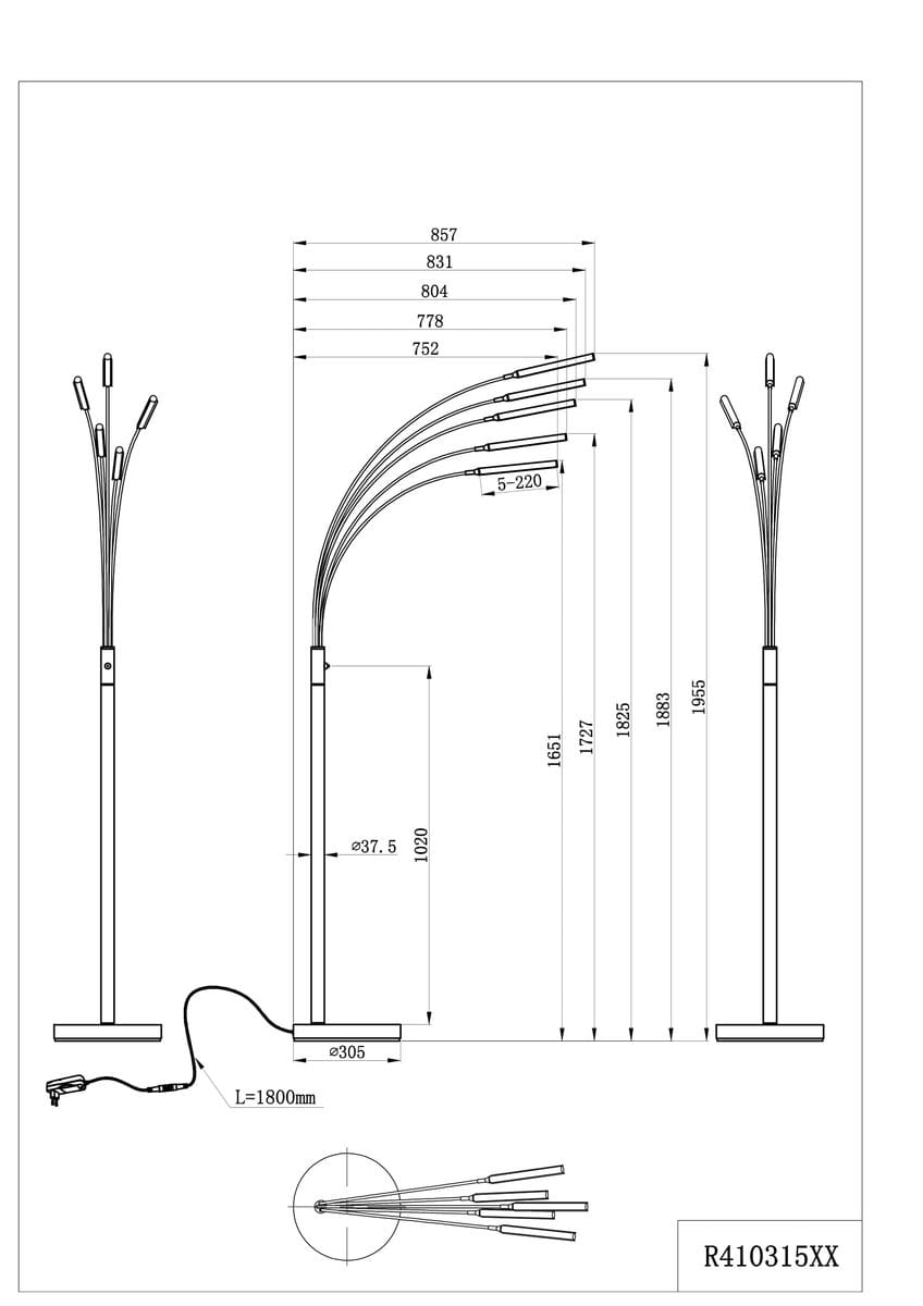 Czarna lampa podłogowa LED Reed z pięcioma punktami świetlnymi. Wysokość 1955 mm, średnica podstawy 305 mm. Lampa ma smukły, nowoczesny design z elastycznymi ramionami. Idealna do oświetlenia wnętrz. Kabel zasilający widoczny przy podstawie.
