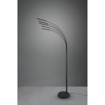 Czarna lampa podłogowa Reed z pięcioma punktami świetlnymi, o łukowatej konstrukcji. Stojąca na okrągłej podstawie, z elastycznymi ramionami, skierowanymi w różne strony. Tło w odcieniach szarości, podkreślające nowoczesny design.