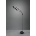Czarna lampa podłogowa Reed z pięcioma elastycznymi ramionami, ustawiona na okrągłej podstawie. Lampa ma nowoczesny, minimalistyczny design, a źródła światła skierowane są w różne strony, co umożliwia regulację oświetlenia. Tło szare.