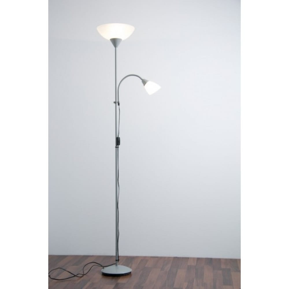 Lampa podłogowa Erzwo w kolorze tytanowym, z dwoma punktami świetlnymi. Główna lampa w kształcie klosza na górze, dodatkowa lampa z giętym ramieniem. Stojąca na okrągłej podstawie, z widocznym kablem zasilającym. Tło jednolite.