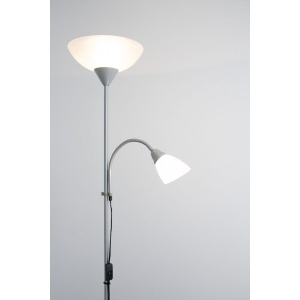 Lampa podłogowa Erzwo 2-punktowa w kolorze tytanowym. Główna czasza w kształcie stożka z białym kloszem, dodatkowe oświetlenie z ruchomym ramieniem. Stojąca, z włącznikiem na podstawie, na jasnym tle.
