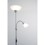 Lampa podłogowa Erzwo 2-punktowa w kolorze tytanowym. Główna czasza w kształcie stożka z białym kloszem, dodatkowe oświetlenie z ruchomym ramieniem. Stojąca, z włącznikiem na podstawie, na jasnym tle.