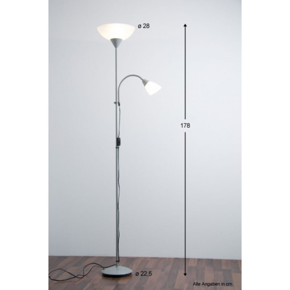 Lampa podłogowa Erzwo 2-punktowa w kolorze tytanowym. Górna czasza o średnicy 28 cm, dolna lampa z regulowanym ramieniem o średnicy 22,5 cm. Wysokość całkowita 178 cm. Stojąca konstrukcja z metalowym stelażem i przewodem elektrycznym.