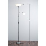 Lampa podłogowa Erzwo 2-punktowa w kolorze tytanowym. Górna czasza o średnicy 28 cm, dolna lampa z regulowanym ramieniem o średnicy 22,5 cm. Wysokość całkowita 178 cm. Stojąca konstrukcja z metalowym stelażem i przewodem elektrycznym.