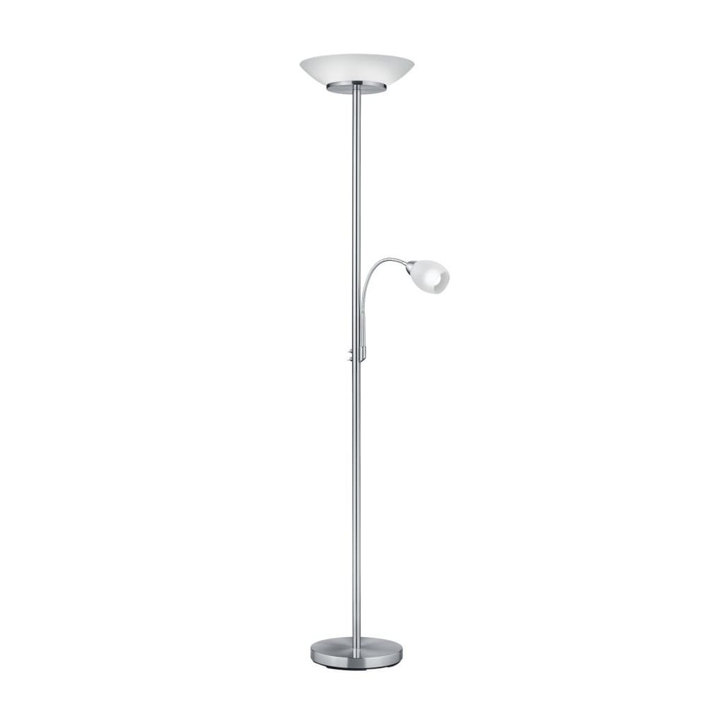 Lampa podłogowa Gerry 3-punktowa w kolorze niklowym. Posiada główną oprawę z białego szkła oraz dodatkową, ruchomą głowicę. Stojąca, wysoka konstrukcja z okrągłą podstawą, prezentująca nowoczesny design. Ujęcie frontalne na białym tle.