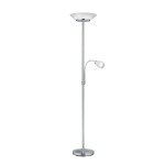 Lampa podłogowa Gerry 3-punktowa w kolorze niklowym. Posiada główną oprawę z białego szkła oraz dodatkową, ruchomą głowicę. Stojąca, wysoka konstrukcja z okrągłą podstawą, prezentująca nowoczesny design. Ujęcie frontalne na białym tle.