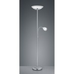 Lampa podłogowa Gerry z trzema punktami świetlnymi, wykonana z niklu. Posiada okrągłą, białą osłonę górną oraz elastyczne ramię z mniejszą lampą. Stoi na okrągłej podstawie, prezentowana na jednolitym tle.