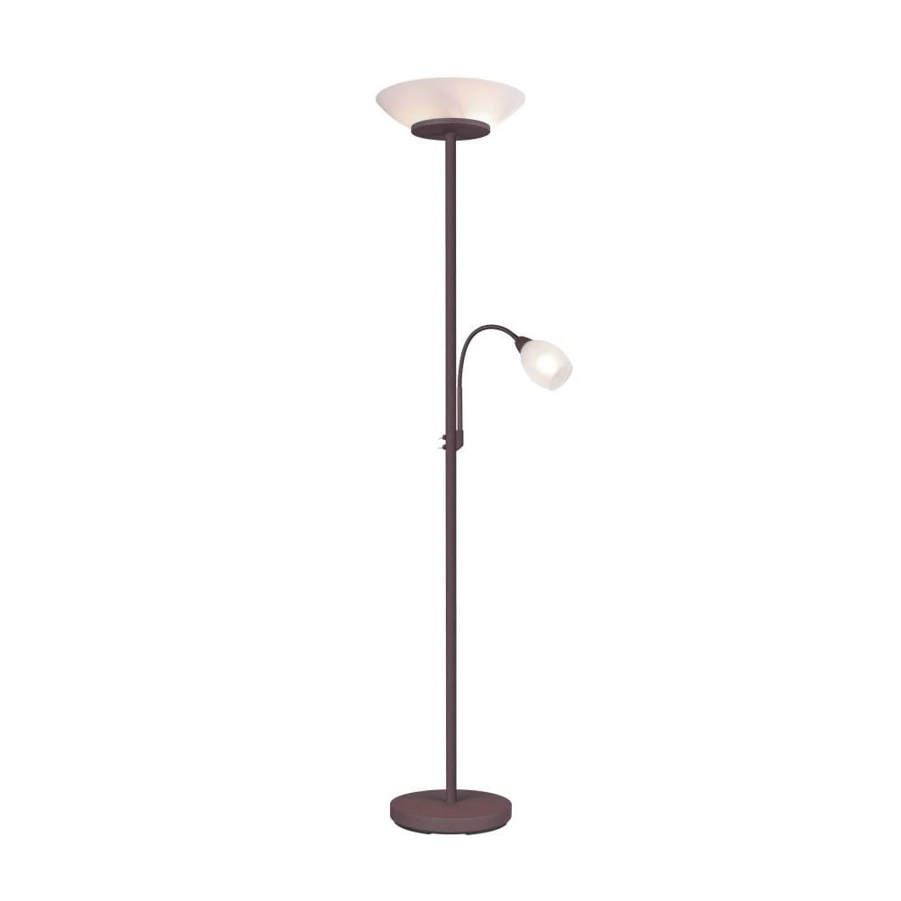 Lampa podłogowa Gerry 3-punktowa w kolorze rdzawej, z dużą, okrągłą podstawą i szklanym kloszem u góry. Posiada elastyczny ramie z mniejszym kloszem, idealna do czytania. Ujęcie frontalne, prezentująca całość lampy na jednolitym tle.