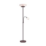 Lampa podłogowa Gerry 3-punktowa w kolorze rdzawej, z dużą, okrągłą podstawą i szklanym kloszem u góry. Posiada elastyczny ramie z mniejszym kloszem, idealna do czytania. Ujęcie frontalne, prezentująca całość lampy na jednolitym tle.