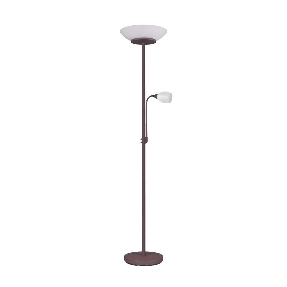 Lampa podłogowa Gerry 3-punktowa w kolorze rdzawej, z metalowym stelażem. Główna część o okrągłym kloszu u góry i dodatkowa lampa na elastycznym ramieniu. Stoi na okrągłej podstawie, idealna do oświetlenia wnętrz.