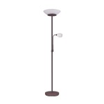 Lampa podłogowa Gerry 3-punktowa w kolorze rdzawej, z metalowym stelażem. Główna część o okrągłym kloszu u góry i dodatkowa lampa na elastycznym ramieniu. Stoi na okrągłej podstawie, idealna do oświetlenia wnętrz.