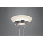 Lampa podłogowa Orson LED, 2-punktowa, z niklowanym stelażem. Górna część ma okrągły, mleczny klosz, a konstrukcja jest smukła i elegancka, idealna do nowoczesnych wnętrz. Kąt ujęcia: z góry, na jednolitym tle.