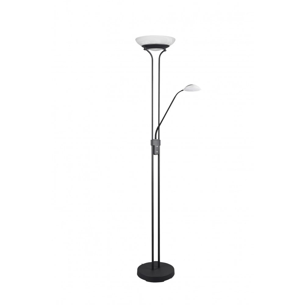 Orson LED lampa podłogowa 2-punktowa w kolorze czarnym, z okrągłą podstawą i dwoma źródłami światła. Górna część ma dużą, płaską klosz, a dolna elastyczną ramię z mniejszym kloszem, idealna do czytania. Ustawiona w pozycji stojącej.