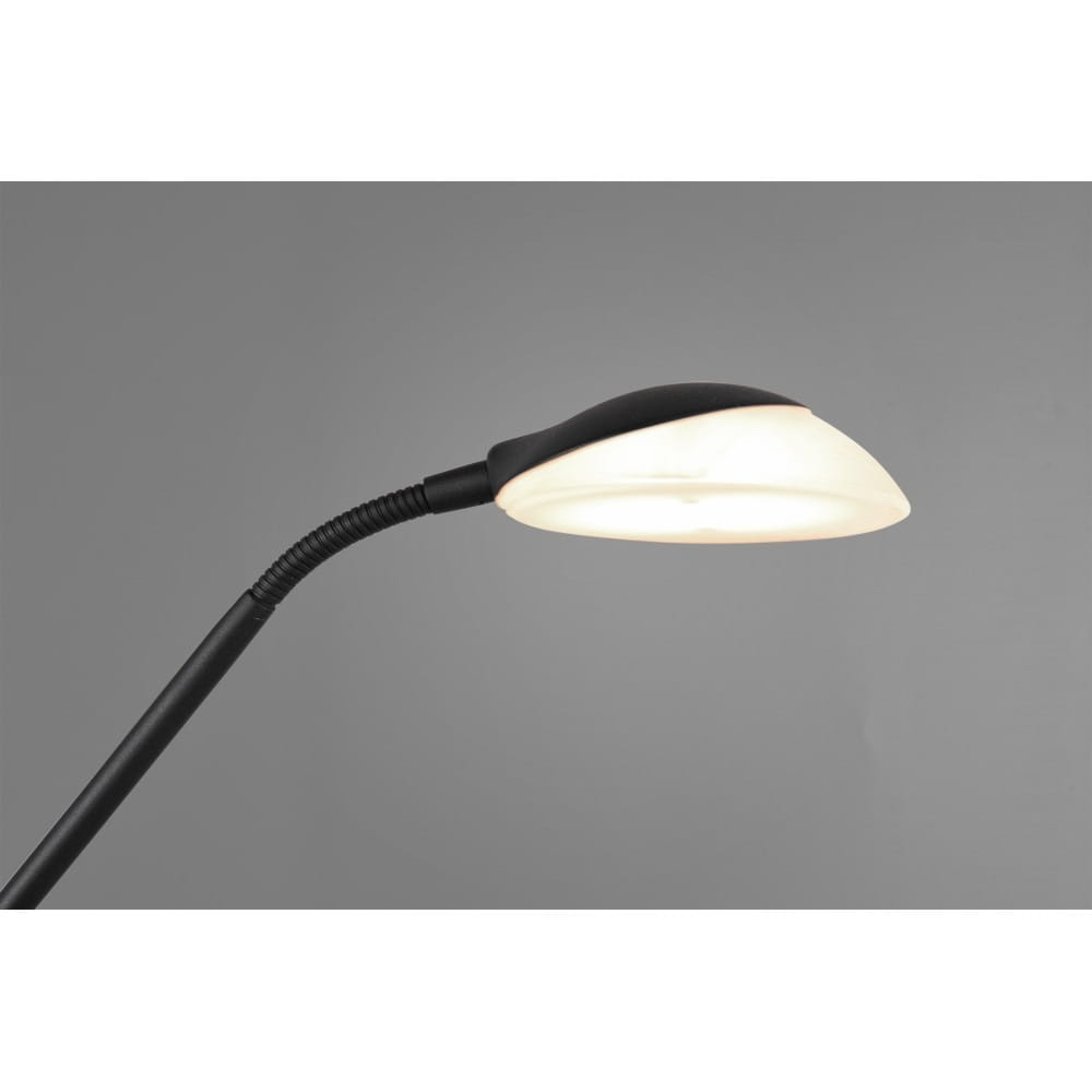 Czarna lampa podłogowa Orson LED z elastycznym ramieniem, posiadająca dwie głowice. Głowice mają półprzezroczyste klosze w kształcie łuku, emitujące ciepłe światło. Ujęcie z boku, ukazujące detal klosza i gięte ramię lampy. Tło szare.