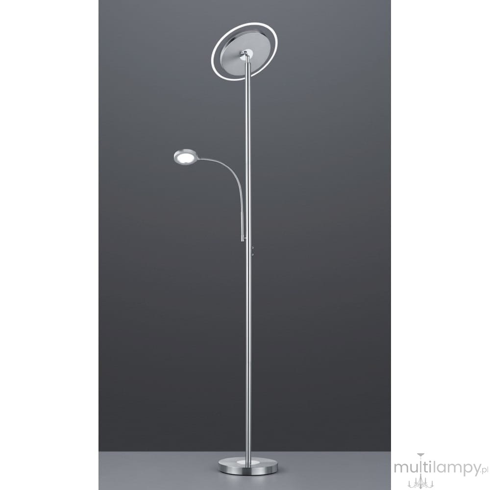 Ackbar LED lampa podłogowa 2-punktowa w kolorze niklowym. Posiada dwa źródła światła: okrągłe górne oraz eliptyczne boczne. Stojąca na okrągłej podstawie, o prostym, nowoczesnym designie, idealna do różnych wnętrz.