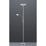 Dwupunktowa lampa podłogowa Ackbar w kolorze niklu, z prostą, metalową konstrukcją. Główna lampa na okrągłej podstawie oraz elastyczne ramię z mniejszym źródłem światła, skierowane w dół. Tło w jednolitej szarości podkreśla nowoczesny design.
