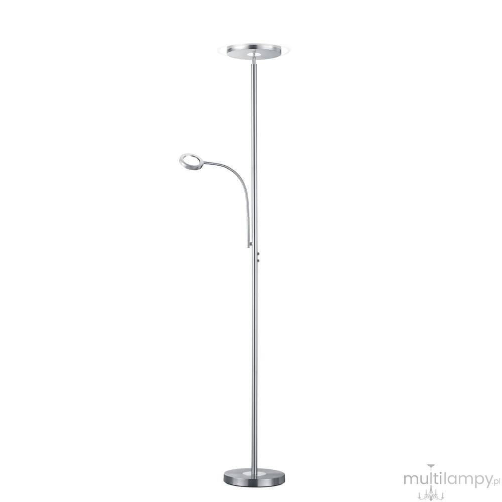 Lampa podłogowa Ackbar z dwoma punktami świetlnymi, w kolorze niklu. Wysoka, smukła konstrukcja z okrągłą podstawą. Jedna lampa z elastycznym ramieniem i głowicą w formie okręgu, umożliwiająca kierowanie światłem.