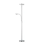 Lampa podłogowa Ackbar z dwoma punktami świetlnymi, w kolorze niklu. Wysoka, smukła konstrukcja z okrągłą podstawą. Jedna lampa z elastycznym ramieniem i głowicą w formie okręgu, umożliwiająca kierowanie światłem.