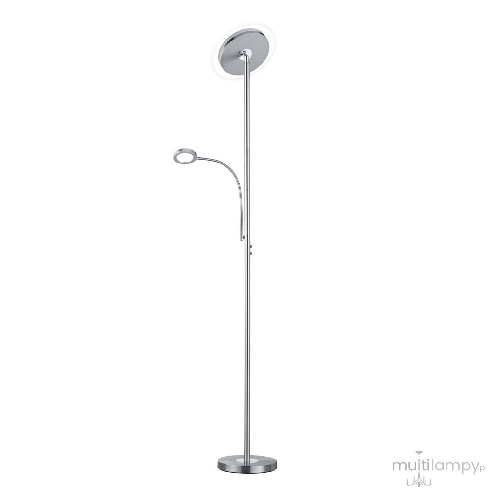 Ackbar LED lampa podłogowa 2-punktowa w kolorze niklu z okrągłą górną lampą i elastycznym ramieniem z małym źródłem światła. Stojąca konstrukcja z okrągłą podstawą, minimalistyczny design. Idealna do nowoczesnych wnętrz.