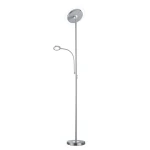 Ackbar LED lampa podłogowa 2-punktowa w kolorze niklu z okrągłą górną lampą i elastycznym ramieniem z małym źródłem światła. Stojąca konstrukcja z okrągłą podstawą, minimalistyczny design. Idealna do nowoczesnych wnętrz.