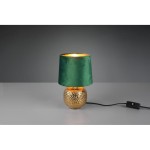 Lampa stołowa Sophia 1-punktowa z zielonym, welurowym abażurem na złotej, teksturowanej podstawie. Produkt stoi na płaskiej powierzchni, z widocznym przewodem z włącznikiem. Tło szare, neutralne.