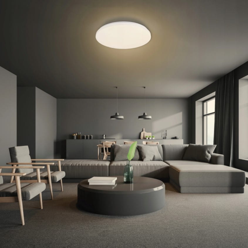 Plafon Erik LED D33 w kolorze białym, o średnicy okrągłej, z matowym kloszem, zainstalowany na suficie. Oświetlenie o mocy 18W i temperaturze barwowej 4000K, w nowoczesnym wnętrzu z szarym kanapą i drewnianymi akcentami.