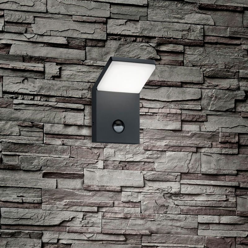Kinkiet elewacyjny Pearl LED 1-punktowy w antracytowym kolorze, z czujnikiem ruchu. Lampa montowana na ścianie, z prostokątną, lekko pochyloną osłoną z białego materiału, umieszczoną nad okrągłym czujnikiem. Tło to teksturowana ściana z kamienia.