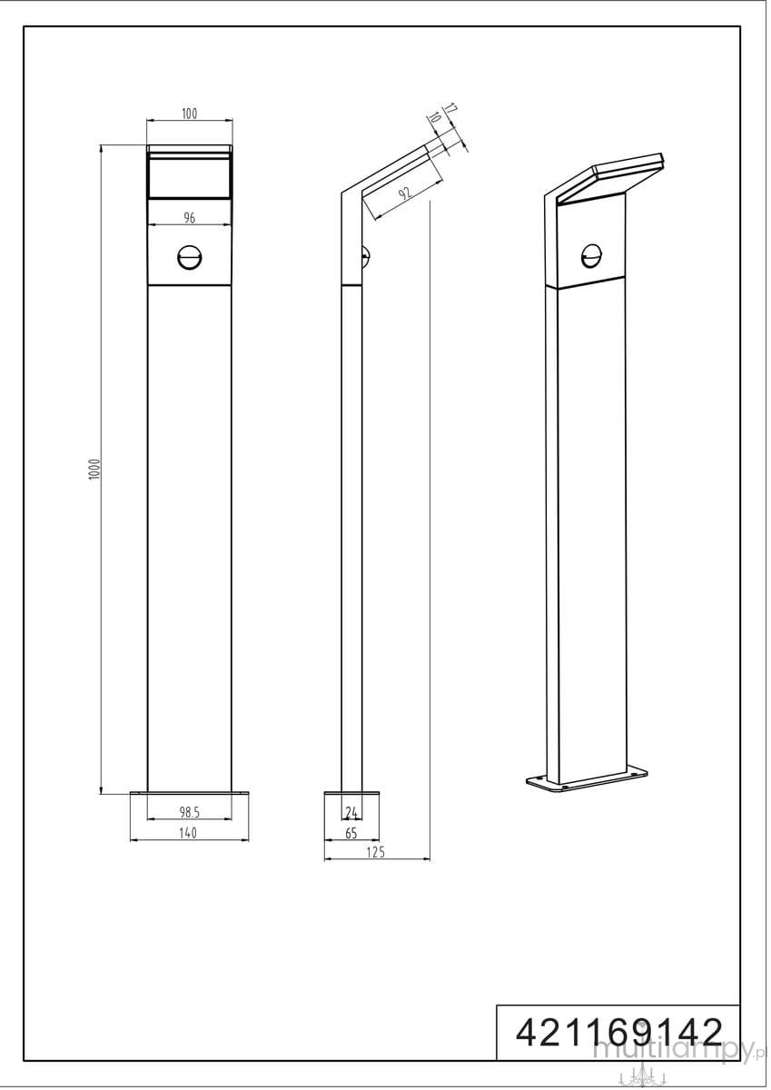 Lampa stojąca Pearl H100 LED, antracytowa, 1-punktowa, z czujnikiem ruchu. Wysoka na 100 cm, z prostokątną podstawą 14x14 cm. Kąt ujęcia z boku, ukazujący prostą, nowoczesną formę oraz detale konstrukcyjne. Idealna do ogrodu lub na ścieżki.