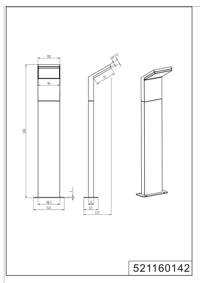Lampa stojąca ogrodowa Pearl H50 LED w kolorze antracytowym, 1-punktowa, o prostokątnym kształcie. Wysokość 500 mm, szerokość 100 mm, głębokość 96 mm. Z widocznym kątem nachylenia górnej części, zamontowana na podstawie.
