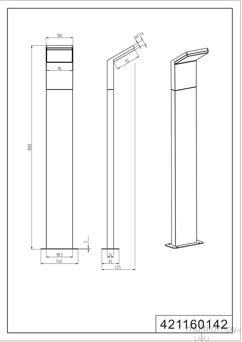 Stojąca lampa ogrodowa Pearl H100 LED w kolorze antracytowym, o wymiarach 1000 mm wysokości i 140 mm szerokości, z prostokątną podstawą. Kątowy klosz z LED-em, minimalistyczny design, idealna do oświetlenia przestrzeni zewnętrznych.